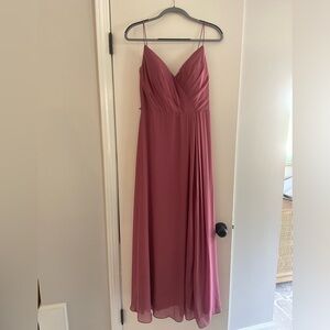 Pink/mauve polyester bridesmaid dress with slit.